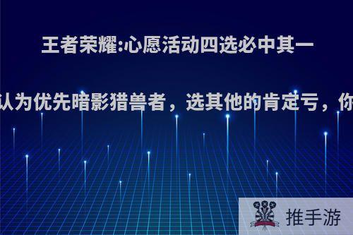 王者荣耀:心愿活动四选必中其一，网友认为优先暗影猎兽者，选其他的肯定亏，你觉得呢?