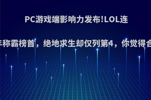 PC游戏端影响力发布!LOL连续10年称霸榜首，绝地求生却仅列第4，你觉得合理吗?